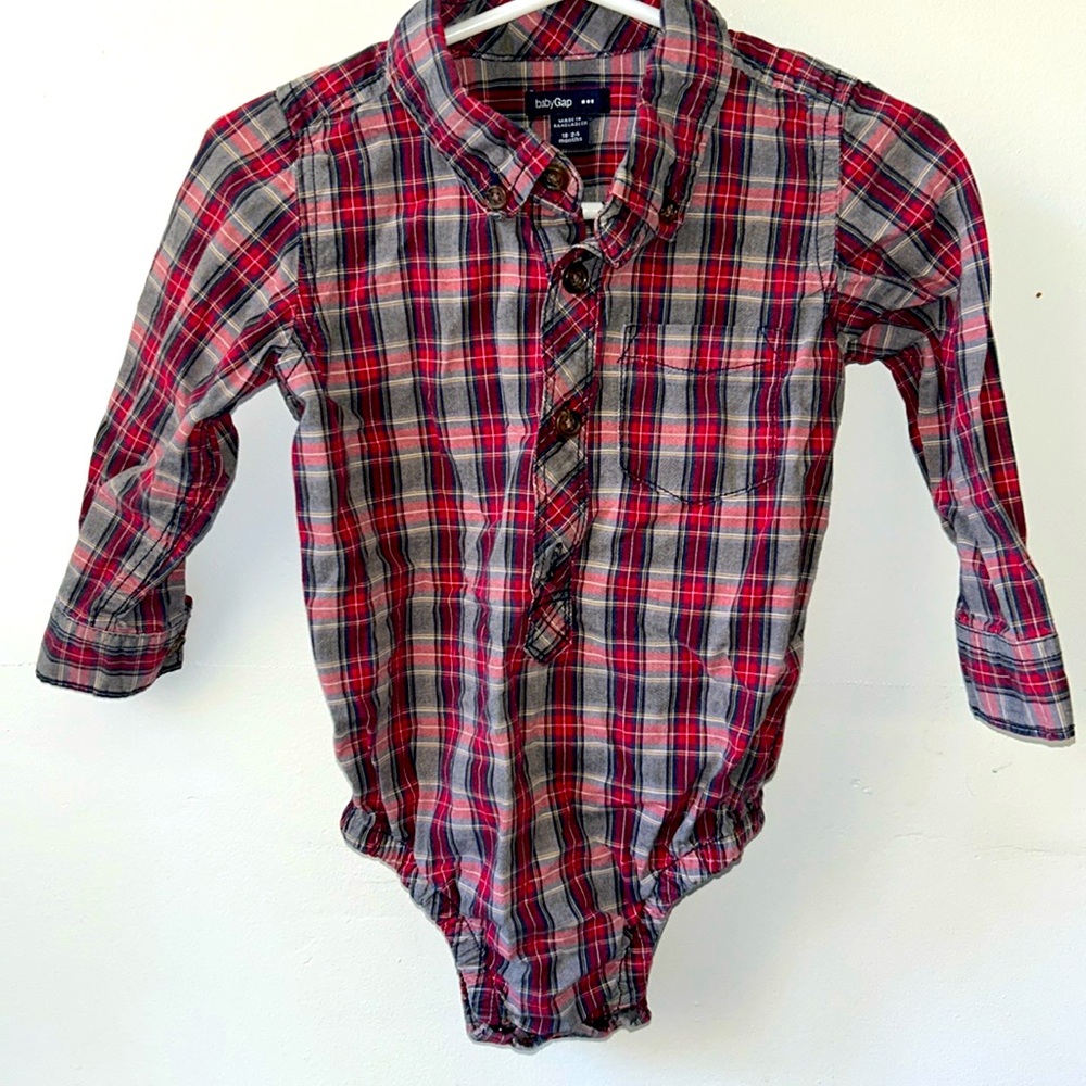 Red grey plaid button down onesie